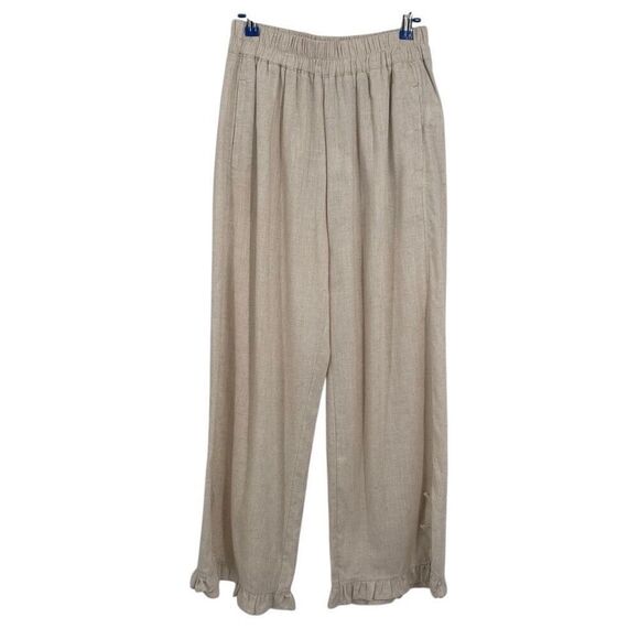 Umgee Pants - Umgee Wide Leg Pant with Elastic Waist, Pockets, & Ruffle Hem Oatmeal Size Small